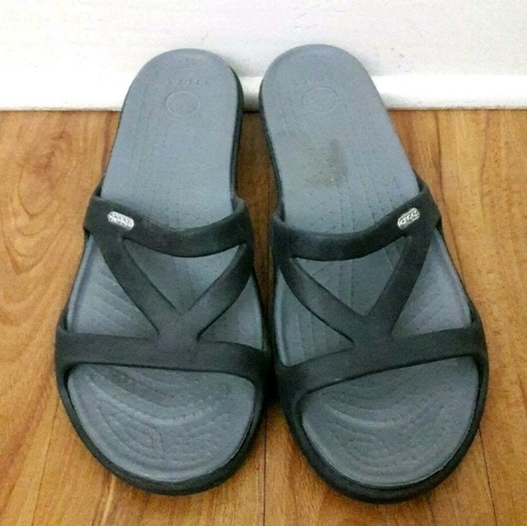 Crocs Women's Black/Gray Wedge Heel Sandals - Picture 2 of 7